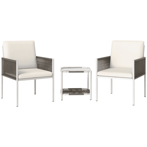 Outsunny Conjunto de Jardim de 3 Peças Conjunto de 2 Cadeiras e Mesa de Vime com Almofadas Acolchoadas e Bancada de Vidro para Varanda Pátio Marrom Acinzentado e Creme