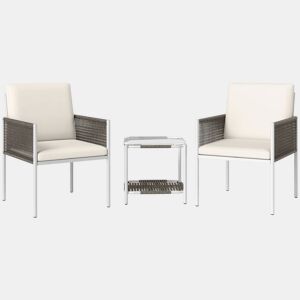 Outsunny Conjunto de Jardim de 3 Peças Conjunto de 2 Cadeiras e Mesa de Vime com Almofadas Acolchoadas e Bancada de Vidro para Varanda Pátio Marrom Acinzentado e Creme