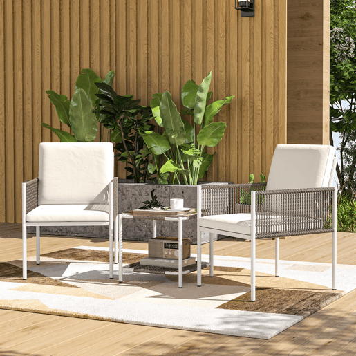 Outsunny Conjunto de Jardim de 3 Peças Conjunto de 2 Cadeiras e Mesa de Vime com Almofadas Acolchoadas e Bancada de Vidro para Varanda Pátio Marrom Acinzentado e Creme