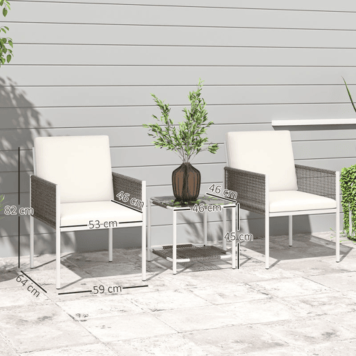 Outsunny Conjunto de Jardim de 3 Peças Conjunto de 2 Cadeiras e Mesa de Vime com Almofadas Acolchoadas e Bancada de Vidro para Varanda Pátio Marrom Acinzentado e Creme