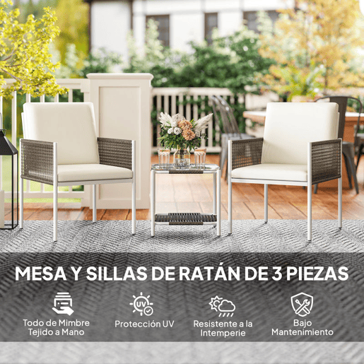 Outsunny Conjunto de Jardim de 3 Peças Conjunto de 2 Cadeiras e Mesa de Vime com Almofadas Acolchoadas e Bancada de Vidro para Varanda Pátio Marrom Acinzentado e Creme