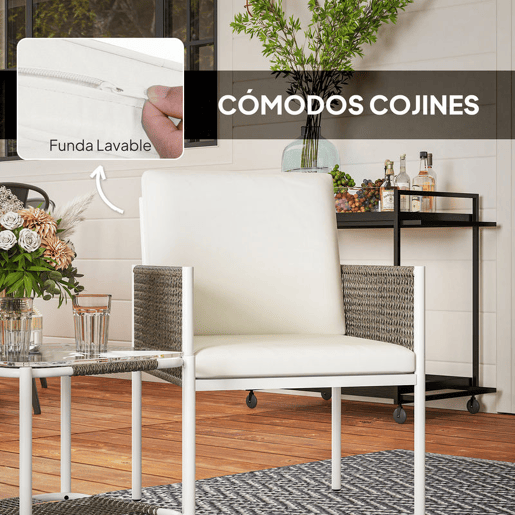 Outsunny Conjunto de Jardim de 3 Peças Conjunto de 2 Cadeiras e Mesa de Vime com Almofadas Acolchoadas e Bancada de Vidro para Varanda Pátio Marrom Acinzentado e Creme