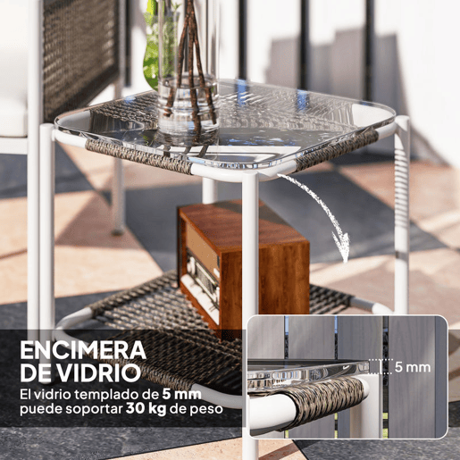 Outsunny Conjunto de Jardim de 3 Peças Conjunto de 2 Cadeiras e Mesa de Vime com Almofadas Acolchoadas e Bancada de Vidro para Varanda Pátio Marrom Acinzentado e Creme