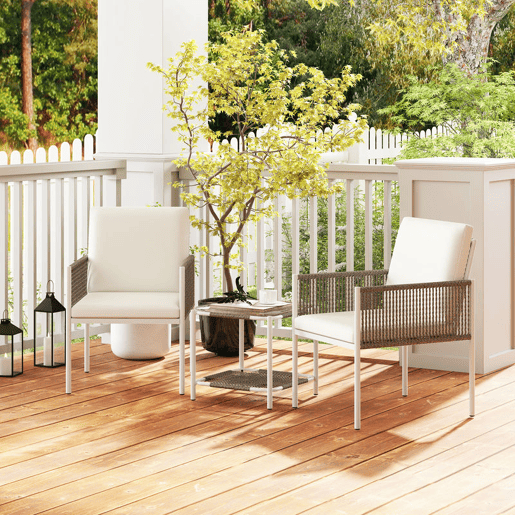 Outsunny Conjunto de Jardim de 3 Peças Conjunto de 2 Cadeiras e Mesa de Vime com Almofadas Acolchoadas e Bancada de Vidro para Varanda Pátio Marrom Acinzentado e Creme