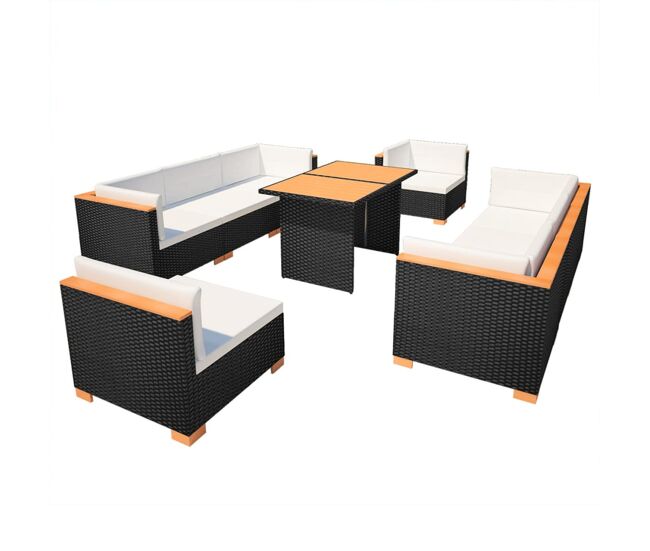 Set muebles de jardín 10 piezas y cojines ratán sintético negro