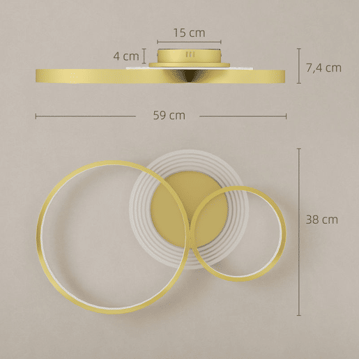 HOMCOM Candeeiro de Teto LED 40W Candeeiro Moderno com Iluminação LED 3000K4000K6500K para Quarto Sala Cozinha Sala de Jantar 59x38x7,4 cm Dourado