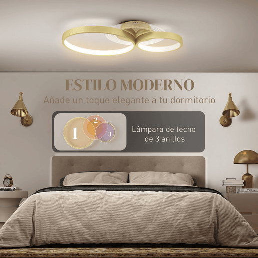HOMCOM Candeeiro de Teto LED 40W Candeeiro Moderno com Iluminação LED 3000K4000K6500K para Quarto Sala Cozinha Sala de Jantar 59x38x7,4 cm Dourado