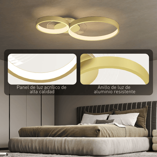 HOMCOM Candeeiro de Teto LED 40W Candeeiro Moderno com Iluminação LED 3000K4000K6500K para Quarto Sala Cozinha Sala de Jantar 59x38x7,4 cm Dourado