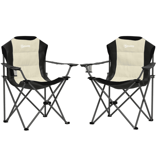 Outsunny Conjunto de 2 Cadeiras Reclináveis de Campismo com Encosto Alto Cadeiras de Campismo Portátil com Apoio para Braços Porta-Copos e Bolsas de Transporte para Acampamento Jardim Varanda Bege e Preto