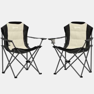 Outsunny Conjunto de 2 Cadeiras Reclináveis de Campismo com Encosto Alto Cadeiras de Campismo Portátil com Apoio para Braços Porta-Copos e Bolsas de Transporte para Acampamento Jardim Varanda Bege e Preto