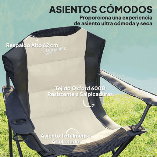 Outsunny Conjunto de 2 Cadeiras Reclináveis de Campismo com Encosto Alto Cadeiras de Campismo Portátil com Apoio para Braços Porta-Copos e Bolsas de Transporte para Acampamento Jardim Varanda Bege e Preto