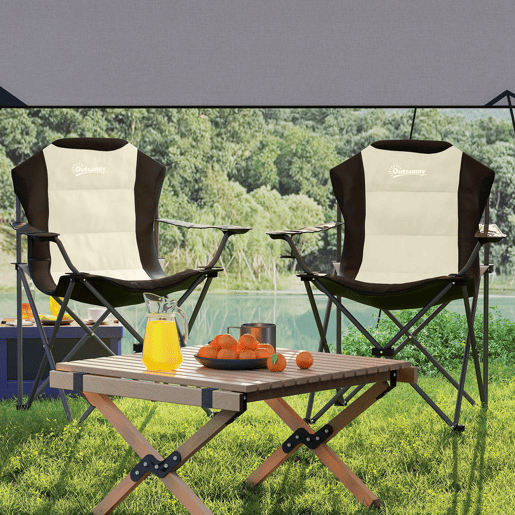 Outsunny Conjunto de 2 Cadeiras Reclináveis de Campismo com Encosto Alto Cadeiras de Campismo Portátil com Apoio para Braços Porta-Copos e Bolsas de Transporte para Acampamento Jardim Varanda Bege e Preto
