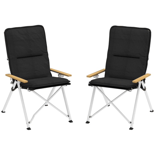 Outsunny Conjunto de 2 Cadeiras de Campismo Dobráveis em Alumínio Portáteis com Encosto Alto Ajustável, Apoios de Braço em Madeira, Tecido Oxford 600D e Saco de Transporte 59x67x96 cm Preto