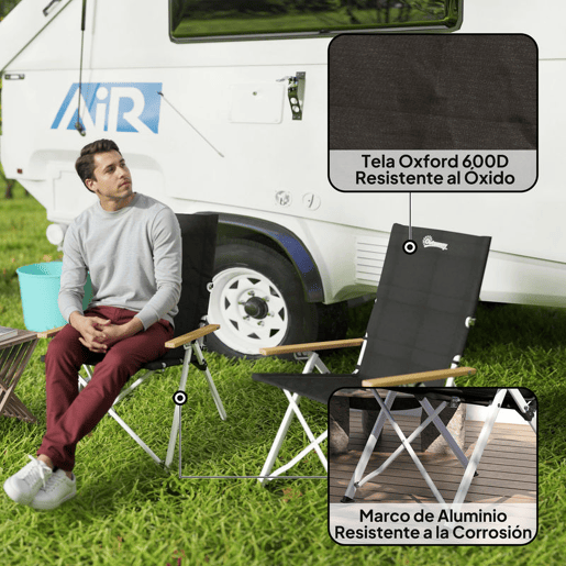 Outsunny Conjunto de 2 Cadeiras de Campismo Dobráveis em Alumínio Portáteis com Encosto Alto Ajustável, Apoios de Braço em Madeira, Tecido Oxford 600D e Saco de Transporte 59x67x96 cm Preto