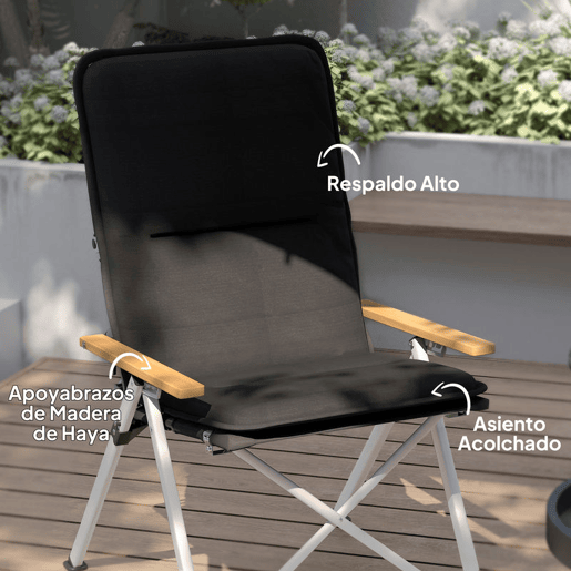 Outsunny Conjunto de 2 Cadeiras de Campismo Dobráveis em Alumínio Portáteis com Encosto Alto Ajustável, Apoios de Braço em Madeira, Tecido Oxford 600D e Saco de Transporte 59x67x96 cm Preto