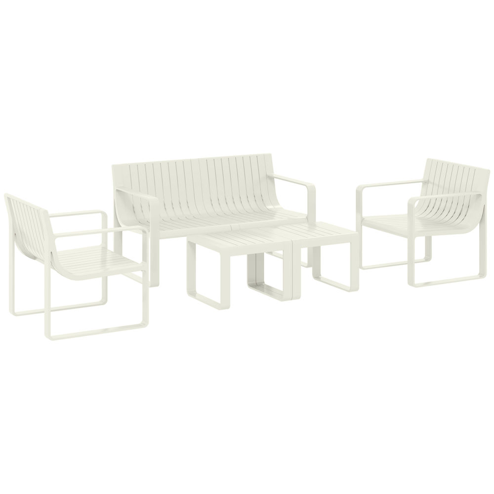 Outsunny conjunto de jardín exterior 5 piezas muebles jardín exterior con 2 sillones 1 sofá de 2 plazas y 2 mesas de centro diseño de lamas impermeable anti-uv blanco