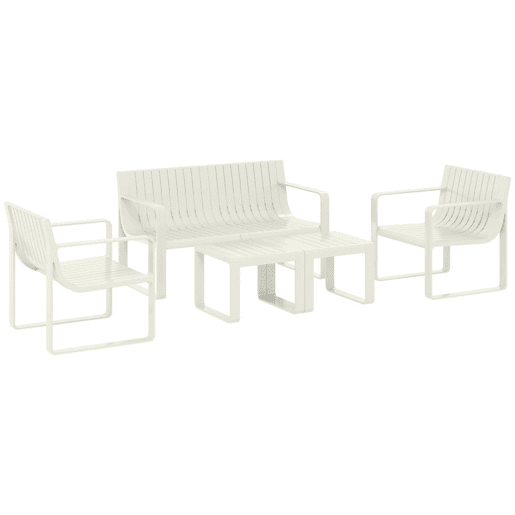 Outsunny Conjunto de Jardim 5 Peças Móveis de Exterior com 2 Poltronas 1 Sofá de 2 Lugares e 2 Mesas de Centro Desenho de Ripas Impermeável Anti-UV Branco