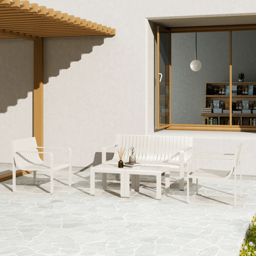 Outsunny Conjunto de Jardim 5 Peças Móveis de Exterior com 2 Poltronas 1 Sofá de 2 Lugares e 2 Mesas de Centro Desenho de Ripas Impermeável Anti-UV Branco