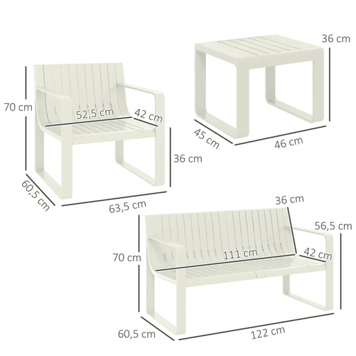 Outsunny Conjunto de Jardim 5 Peças Móveis de Exterior com 2 Poltronas 1 Sofá de 2 Lugares e 2 Mesas de Centro Desenho de Ripas Impermeável Anti-UV Branco
