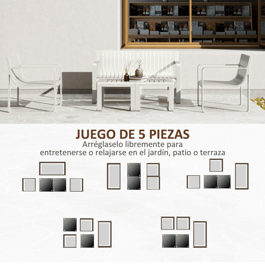 Outsunny Conjunto de Jardim 5 Peças Móveis de Exterior com 2 Poltronas 1 Sofá de 2 Lugares e 2 Mesas de Centro Desenho de Ripas Impermeável Anti-UV Branco