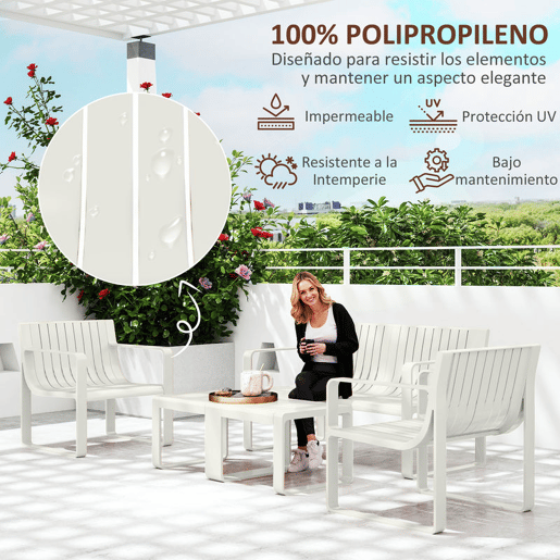 Outsunny Conjunto de Jardim 5 Peças Móveis de Exterior com 2 Poltronas 1 Sofá de 2 Lugares e 2 Mesas de Centro Desenho de Ripas Impermeável Anti-UV Branco