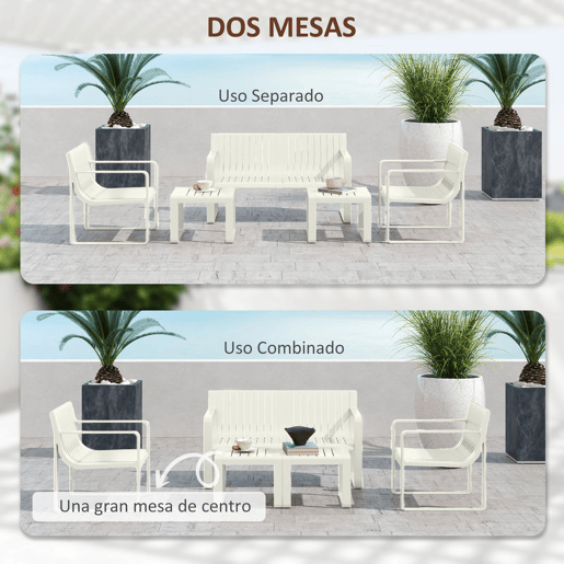 Outsunny Conjunto de Jardim 5 Peças Móveis de Exterior com 2 Poltronas 1 Sofá de 2 Lugares e 2 Mesas de Centro Desenho de Ripas Impermeável Anti-UV Branco
