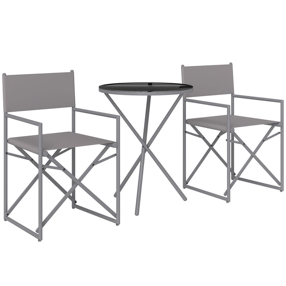 Outsunny conjunto de muebles de jardín de 3 piezas juego de muebles de balcón con 2 sillas plegables mesa con encimera de vidrio templado y estructura de acero para terraza patio exterior gris oscuro