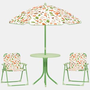 AIYAPLAY Conjunto de Mesa e Cadeiras para Crianças de Jardim Mesa Infantil com Cadeiras Dobráveis Chapéu de Sol Ajustável e Desenho de Raposas para Pátio Piquenique Verde