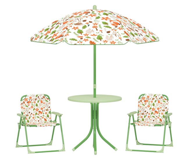 Aiyaplay conjunto de mesa y sillas infantil de jardín de 4 piezas mesa infantil con sillas plegables sombrilla ajustable diseño de zorro para patio pícnic verde