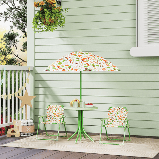 AIYAPLAY Conjunto de Mesa e Cadeiras para Crianças de Jardim Mesa Infantil com Cadeiras Dobráveis Chapéu de Sol Ajustável e Desenho de Raposas para Pátio Piquenique Verde AIYAPLAY Conjunto de Mesa e Cadeiras para Crianças de Jardim Mesa Infantil com Cadeiras Dobráveis Chapéu de Sol Ajustável e Desenho de Raposas para Pátio Piquenique Verde