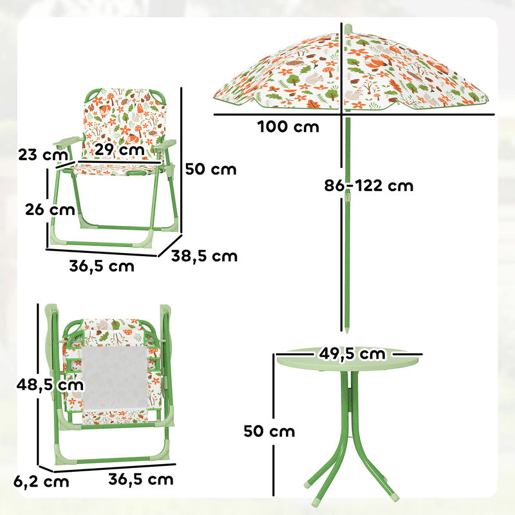 AIYAPLAY Conjunto de Mesa e Cadeiras para Crianças de Jardim Mesa Infantil com Cadeiras Dobráveis Chapéu de Sol Ajustável e Desenho de Raposas para Pátio Piquenique Verde AIYAPLAY Conjunto de Mesa e Cadeiras para Crianças de Jardim Mesa Infantil com Cadeiras Dobráveis Chapéu de Sol Ajustável e Desenho de Raposas para Pátio Piquenique Verde