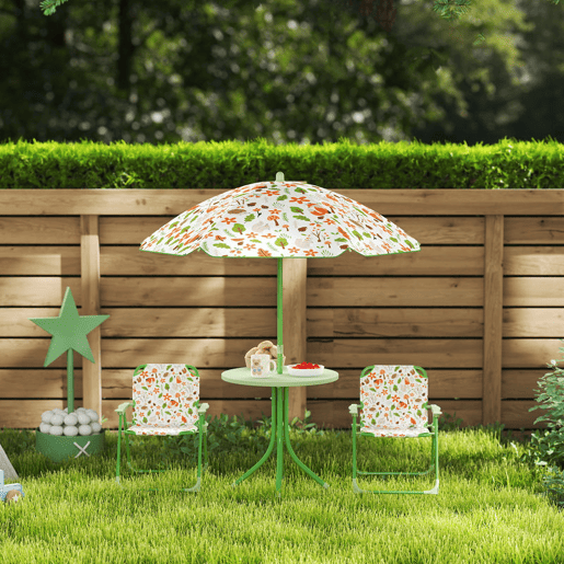 AIYAPLAY Conjunto de Mesa e Cadeiras para Crianças de Jardim Mesa Infantil com Cadeiras Dobráveis Chapéu de Sol Ajustável e Desenho de Raposas para Pátio Piquenique Verde AIYAPLAY Conjunto de Mesa e Cadeiras para Crianças de Jardim Mesa Infantil com Cadeiras Dobráveis Chapéu de Sol Ajustável e Desenho de Raposas para Pátio Piquenique Verde