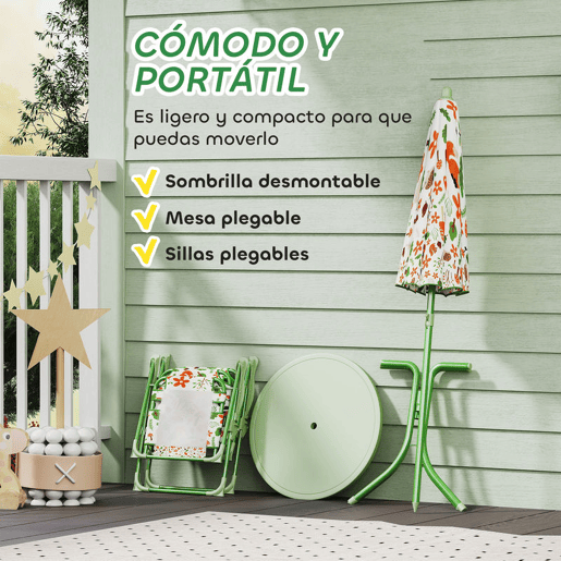 AIYAPLAY Conjunto de Mesa e Cadeiras para Crianças de Jardim Mesa Infantil com Cadeiras Dobráveis Chapéu de Sol Ajustável e Desenho de Raposas para Pátio Piquenique Verde AIYAPLAY Conjunto de Mesa e Cadeiras para Crianças de Jardim Mesa Infantil com Cadeiras Dobráveis Chapéu de Sol Ajustável e Desenho de Raposas para Pátio Piquenique Verde