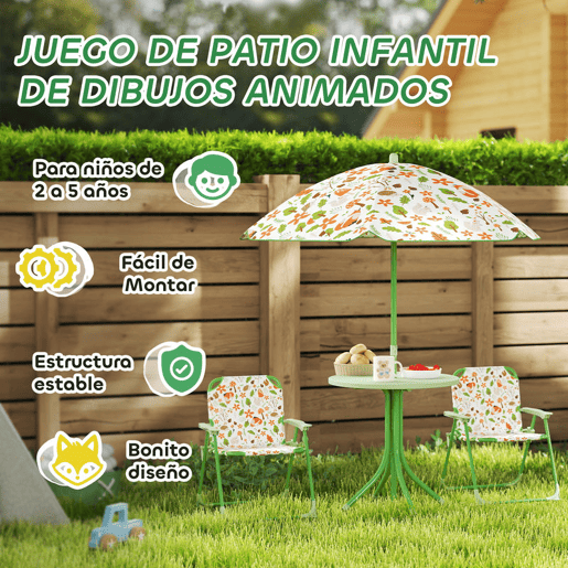 AIYAPLAY Conjunto de Mesa e Cadeiras para Crianças de Jardim Mesa Infantil com Cadeiras Dobráveis Chapéu de Sol Ajustável e Desenho de Raposas para Pátio Piquenique Verde AIYAPLAY Conjunto de Mesa e Cadeiras para Crianças de Jardim Mesa Infantil com Cadeiras Dobráveis Chapéu de Sol Ajustável e Desenho de Raposas para Pátio Piquenique Verde