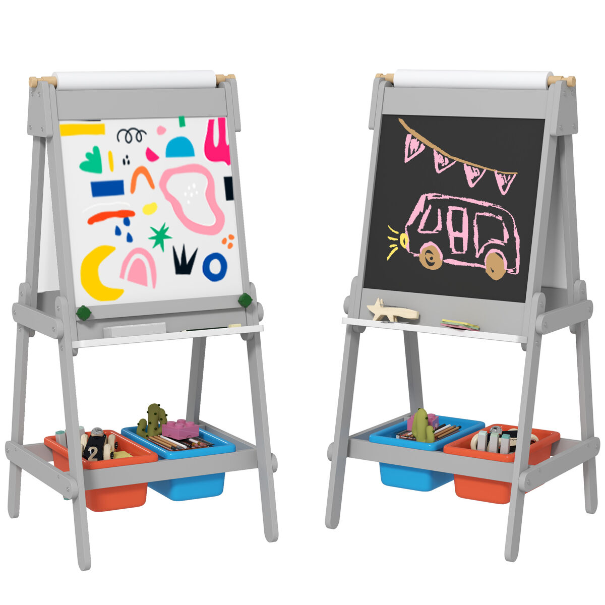 Aiyaplay pizarra infantil caballete de pintura para niños 3 en 1 pizarra de doble cara con rollo de papel borrador y cajas de almacenamiento gris