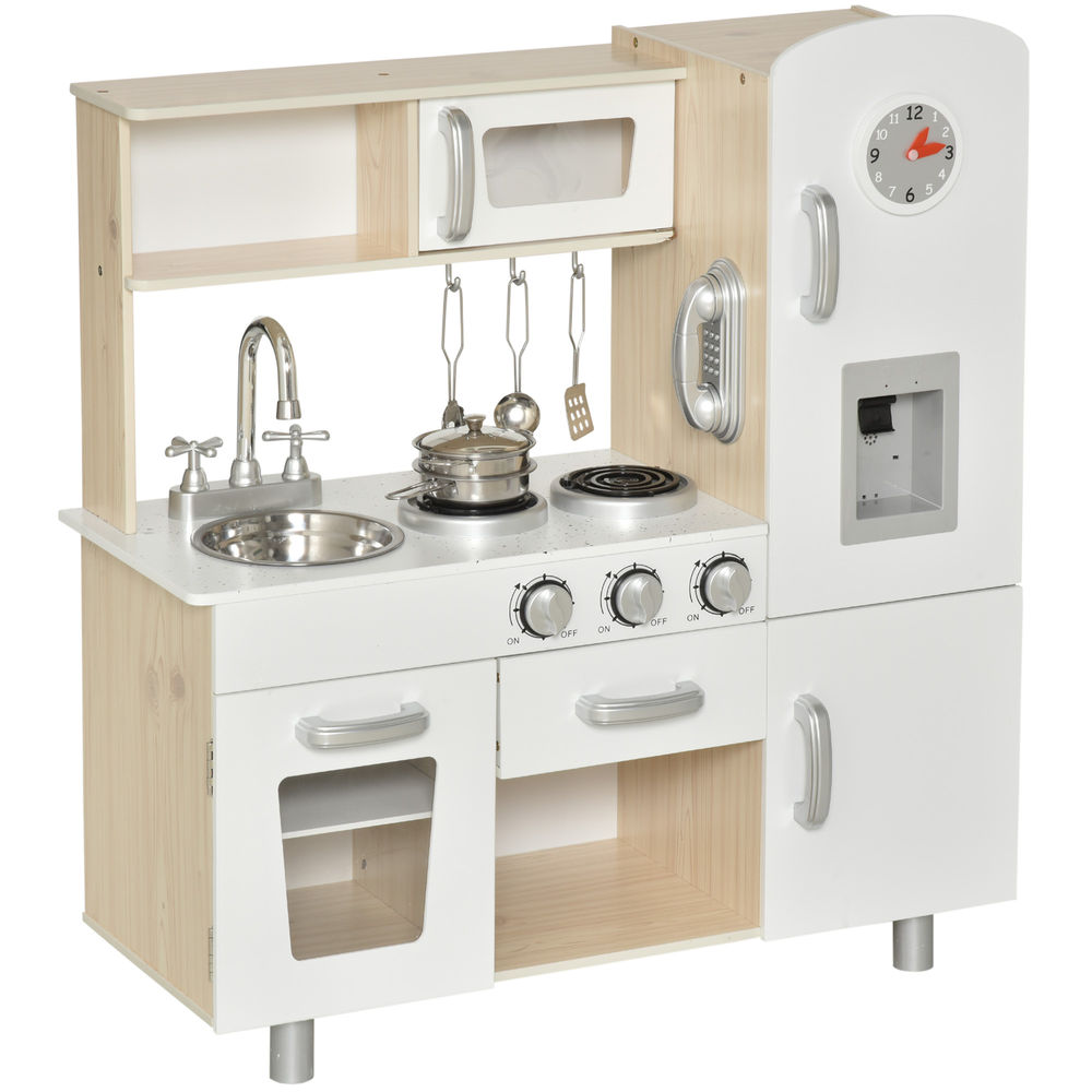 Homcom cocina de juguete de madera con fregadero cocina de inducción y microondas simulados con accesorios incluidos cocina infantil para +3 años 74x30x81 cm blanco