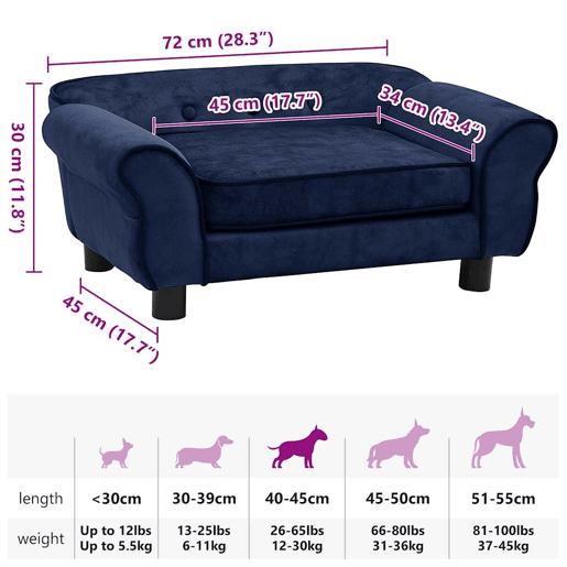 vidaXL Sofá para cães 72x45x30 cm pelúcia azul