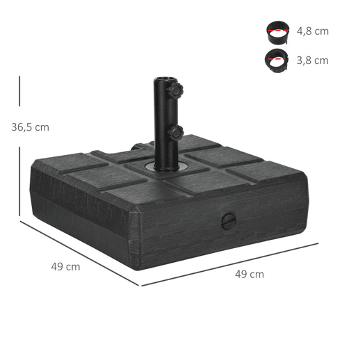 Outsunny Base para Chapéu de Sol Retangular Suporte para Sombrinha Rellenável com Água 30 kg e Areia 40 kg para Poste de Ø3848 mm para Jardim Terraço 49x49x36,5 cm Preto