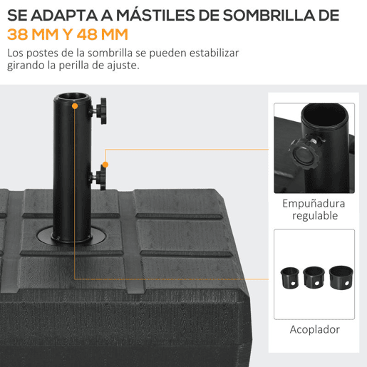Outsunny Base para Chapéu de Sol Retangular Suporte para Sombrinha Rellenável com Água 30 kg e Areia 40 kg para Poste de Ø3848 mm para Jardim Terraço 49x49x36,5 cm Preto