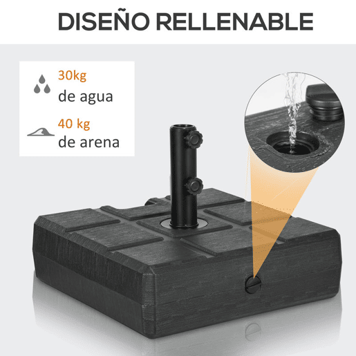 Outsunny Base para Chapéu de Sol Retangular Suporte para Sombrinha Rellenável com Água 30 kg e Areia 40 kg para Poste de Ø3848 mm para Jardim Terraço 49x49x36,5 cm Preto