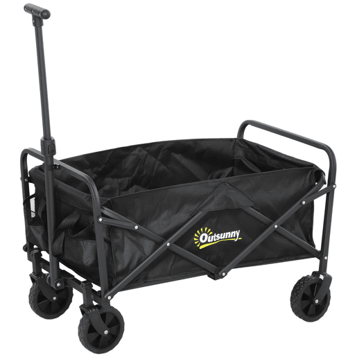 Outsunny Carrinho de Transporte com Rodas Carrinho de Jardim Dobrável com Pega Telescópica Ajustável 2 Bolsas de Arrumação Carrinho de Praia Jardim Campismo Carga 120 kg 64x42x27 cm Preto
