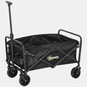 Outsunny Carrinho de Transporte com Rodas Carrinho de Jardim Dobrável com Pega Telescópica Ajustável 2 Bolsas de Arrumação Carrinho de Praia Jardim Campismo Carga 120 kg 64x42x27 cm Preto