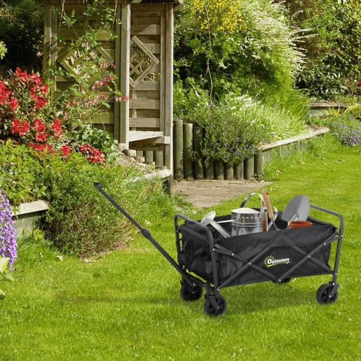 Outsunny Carrinho de Transporte com Rodas Carrinho de Jardim Dobrável com Pega Telescópica Ajustável 2 Bolsas de Arrumação Carrinho de Praia Jardim Campismo Carga 120 kg 64x42x27 cm Preto