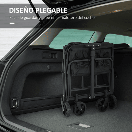 Outsunny Carrinho de Transporte com Rodas Carrinho de Jardim Dobrável com Pega Telescópica Ajustável 2 Bolsas de Arrumação Carrinho de Praia Jardim Campismo Carga 120 kg 64x42x27 cm Preto