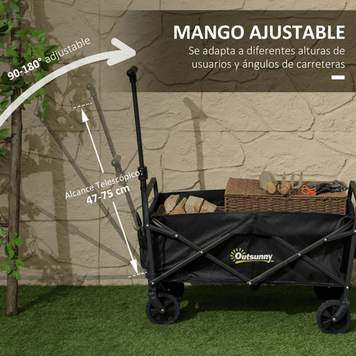 Outsunny Carrinho de Transporte com Rodas Carrinho de Jardim Dobrável com Pega Telescópica Ajustável 2 Bolsas de Arrumação Carrinho de Praia Jardim Campismo Carga 120 kg 64x42x27 cm Preto