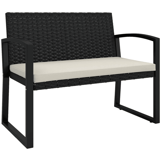 Outsunny Banco de Jardim em Vime Sintético de 2 Lugares Banco de Exterior com Almofada Apoio para os Braços Carga 240 kg para Varanda Pátio 103x58x78 cm Preto e Bege