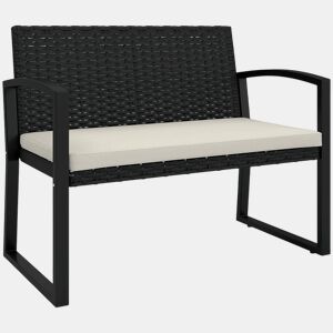 Outsunny Banco de Jardim em Vime Sintético de 2 Lugares Banco de Exterior com Almofada Apoio para os Braços Carga 240 kg para Varanda Pátio 103x58x78 cm Preto e Bege