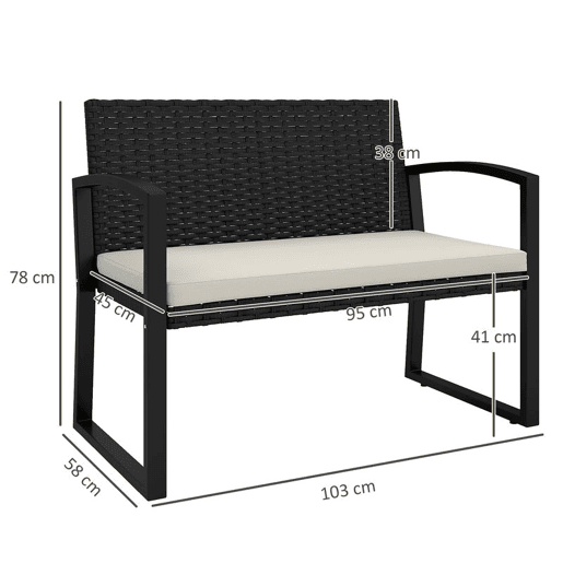 Outsunny Banco de Jardim em Vime Sintético de 2 Lugares Banco de Exterior com Almofada Apoio para os Braços Carga 240 kg para Varanda Pátio 103x58x78 cm Preto e Bege