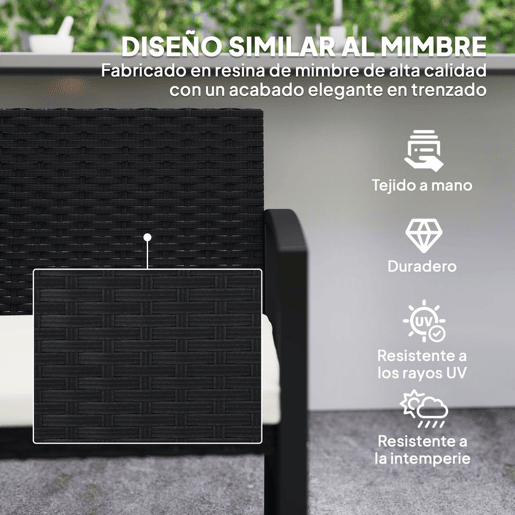 Outsunny Banco de Jardim em Vime Sintético de 2 Lugares Banco de Exterior com Almofada Apoio para os Braços Carga 240 kg para Varanda Pátio 103x58x78 cm Preto e Bege