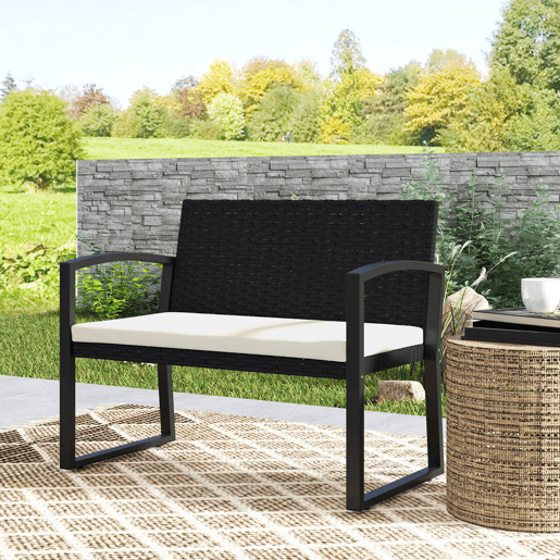 Outsunny Banco de Jardim em Vime Sintético de 2 Lugares Banco de Exterior com Almofada Apoio para os Braços Carga 240 kg para Varanda Pátio 103x58x78 cm Preto e Bege